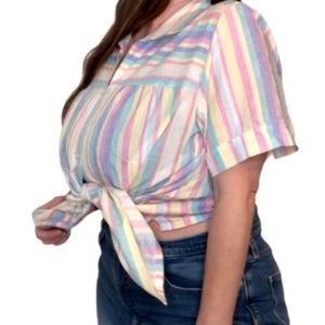 Pastel Vertical Stripe Pink Blue Yellow Purple White Smock Button-down Top XL